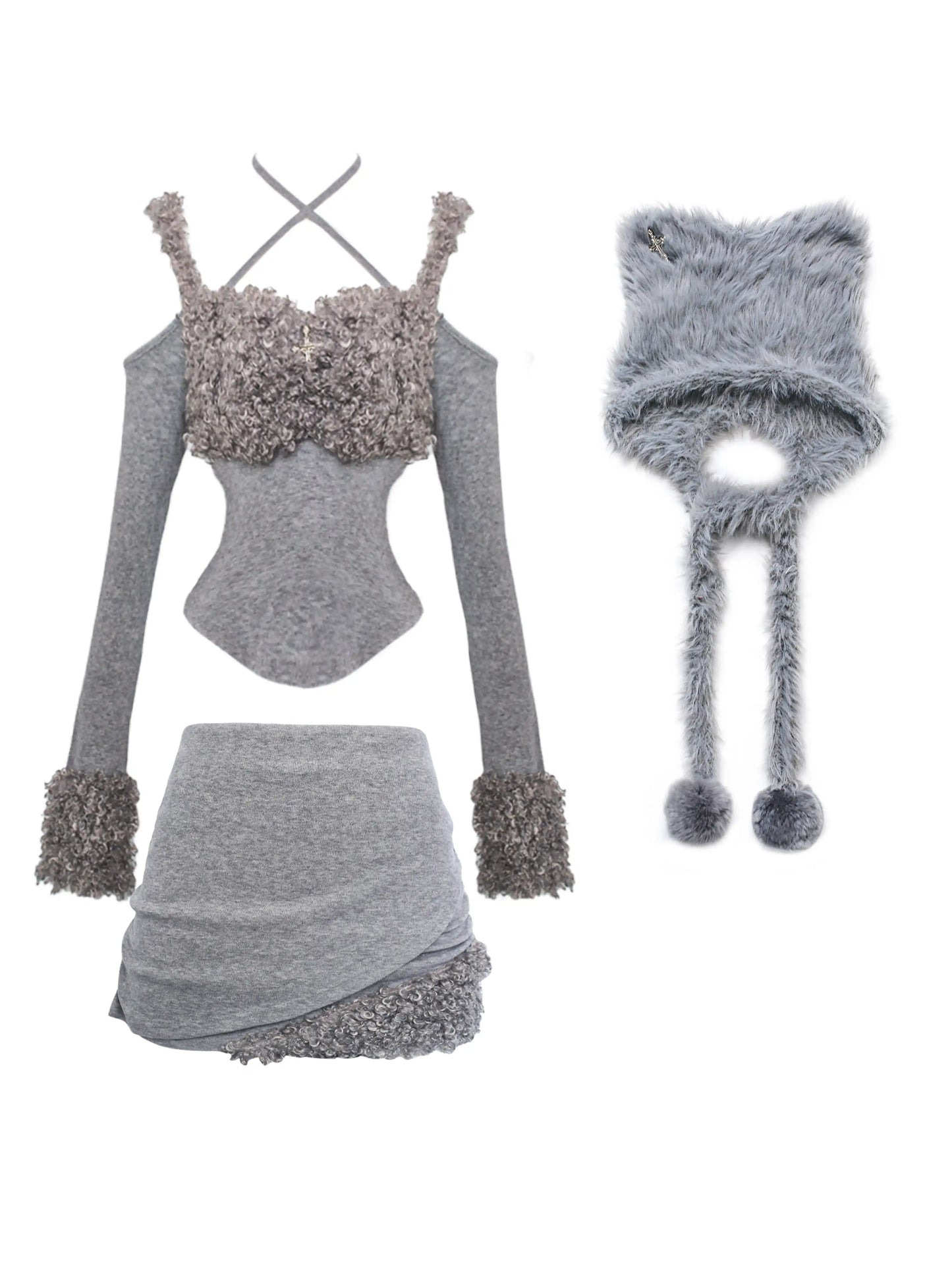 Serendipity Little Gray Cub Sweater Top & Skirt & Hat Three Piece Set