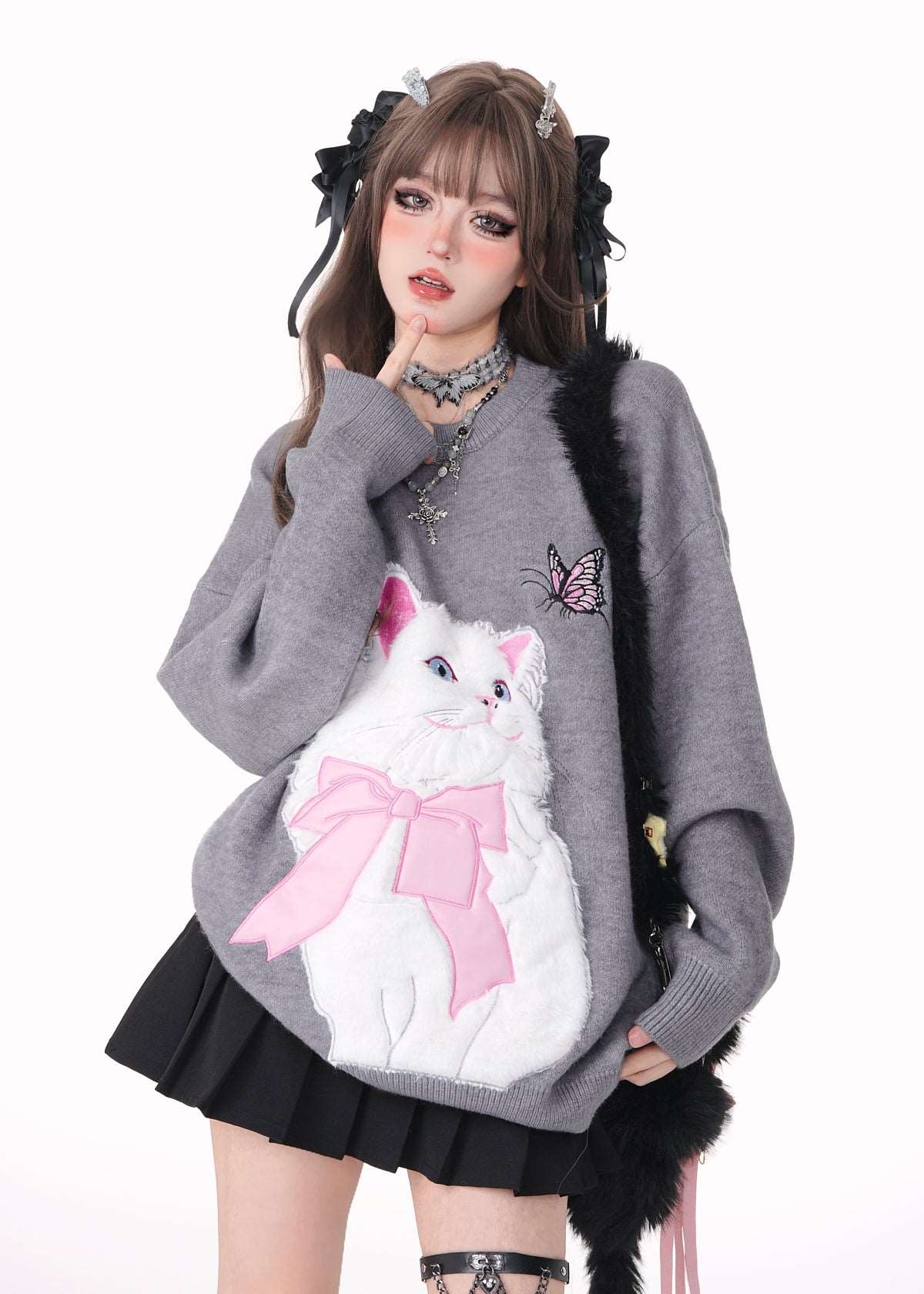 Cat With Bow Print Pullover Knitted Embroidery Oversize Sweater