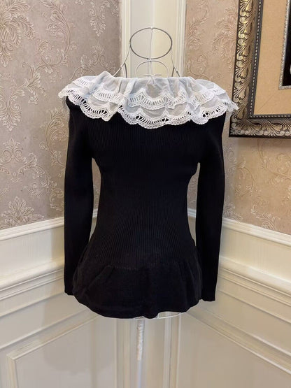 Sweetheart Princess Black White Ruffled Trumpet Sleeve Sweater