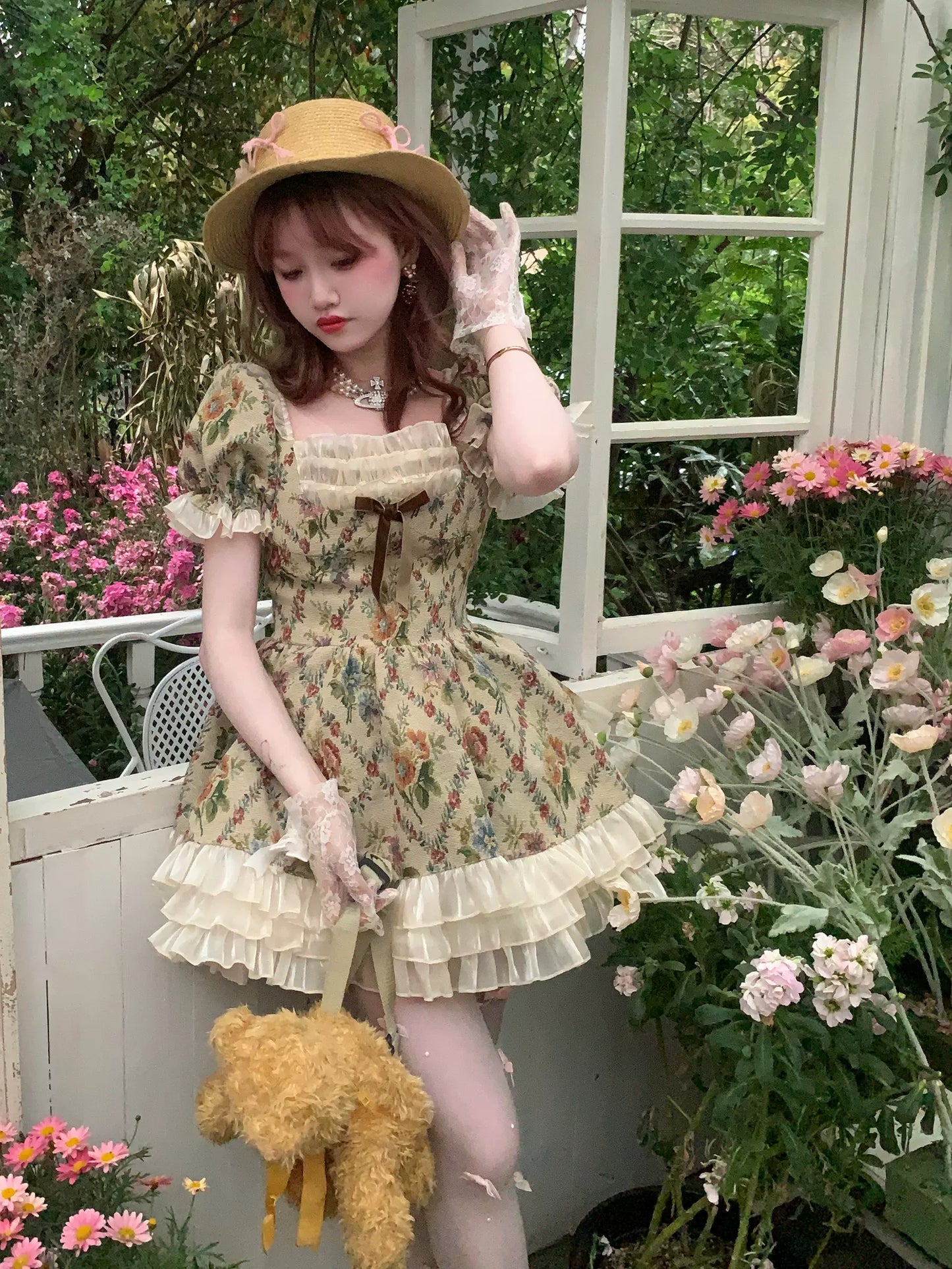 Picnic Girl Floral Green Flowers Crossing River Puff Sleeve Dress