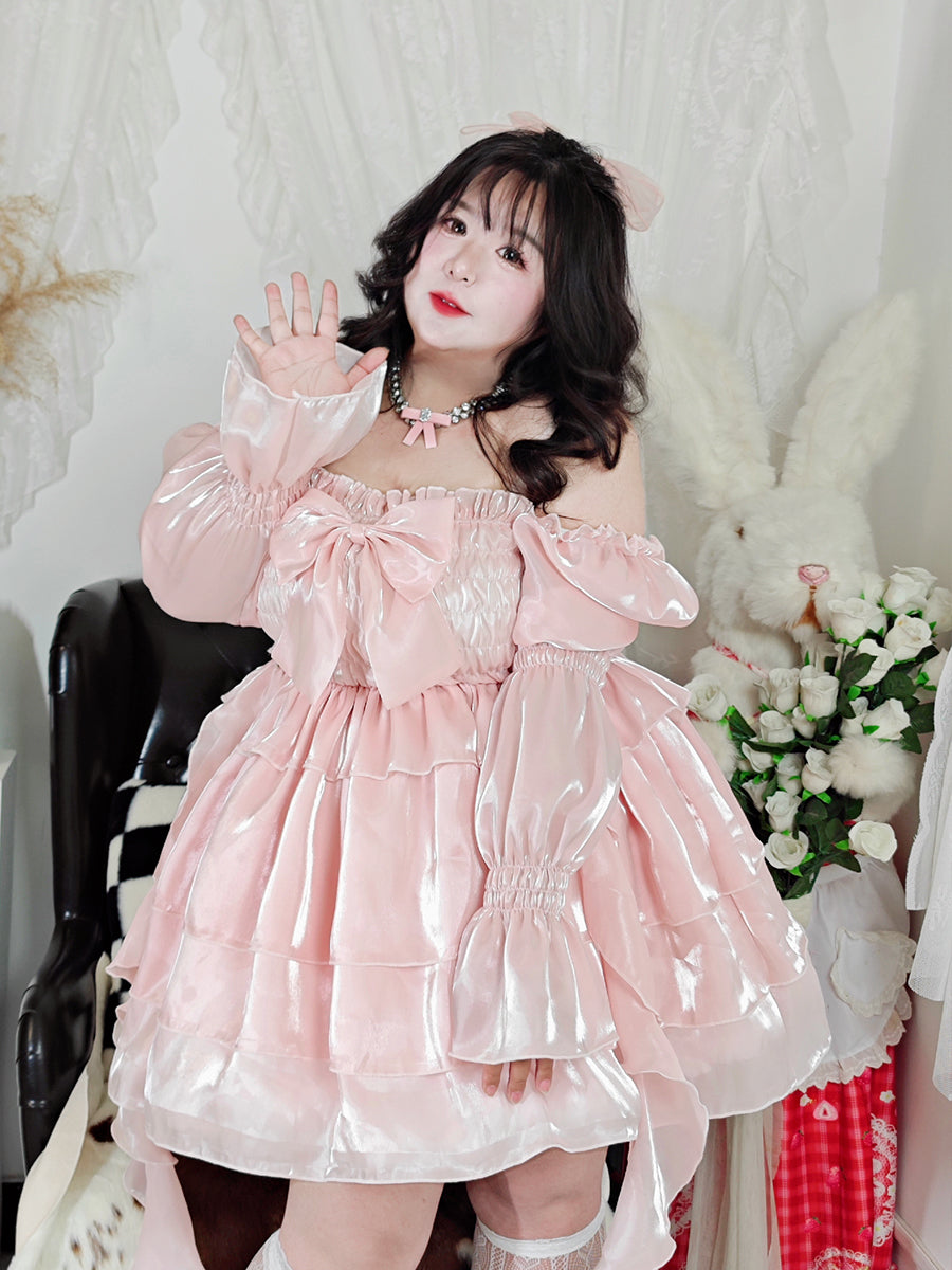 Plus Size Sparkling Jellyfish Princess Pink & Blue Bow Ruffled Dress