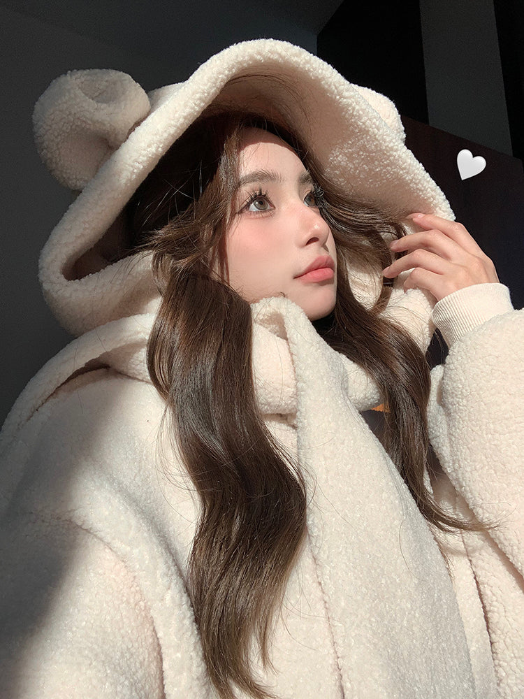 Cute Fall Winter White & Brown Bear Ears Hooded Jacket Skirt Two Piece Set