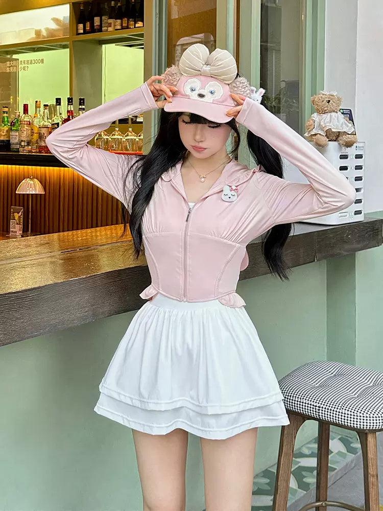 Serendipity Cream Rabbit Ears UV Protection Pink Jacket & White Skirt Two Piece Set