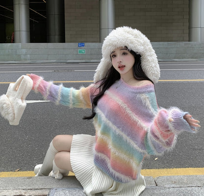 Rainbow Colorful Autumn Round Neck Fuzzy Sweater