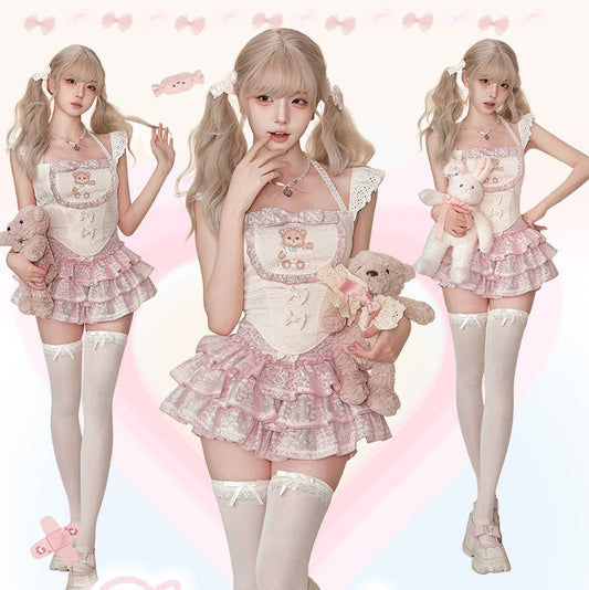 Serendipity Pink Puff Bear Camisole Top & Skirt Two Piece Set