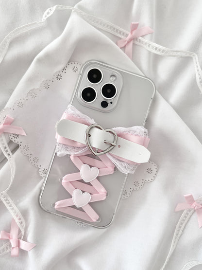 Sweet Coquette Balletcore Pink Bow Heart Handmade Transparent Silicone Phone Case