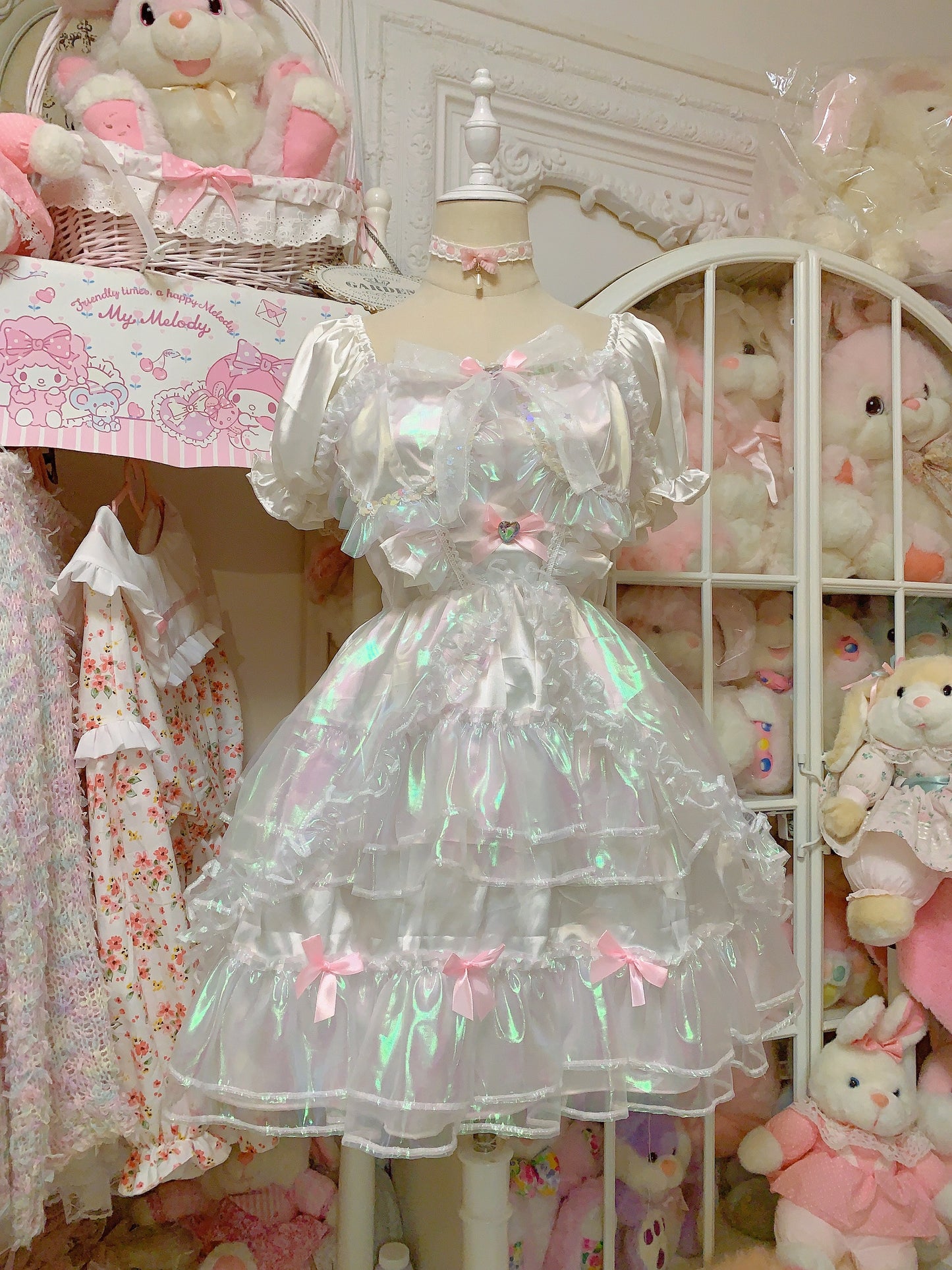 Candy Fairy Run Away Princess Sparkling Ruffled Layered Puff Sleeve White Dress