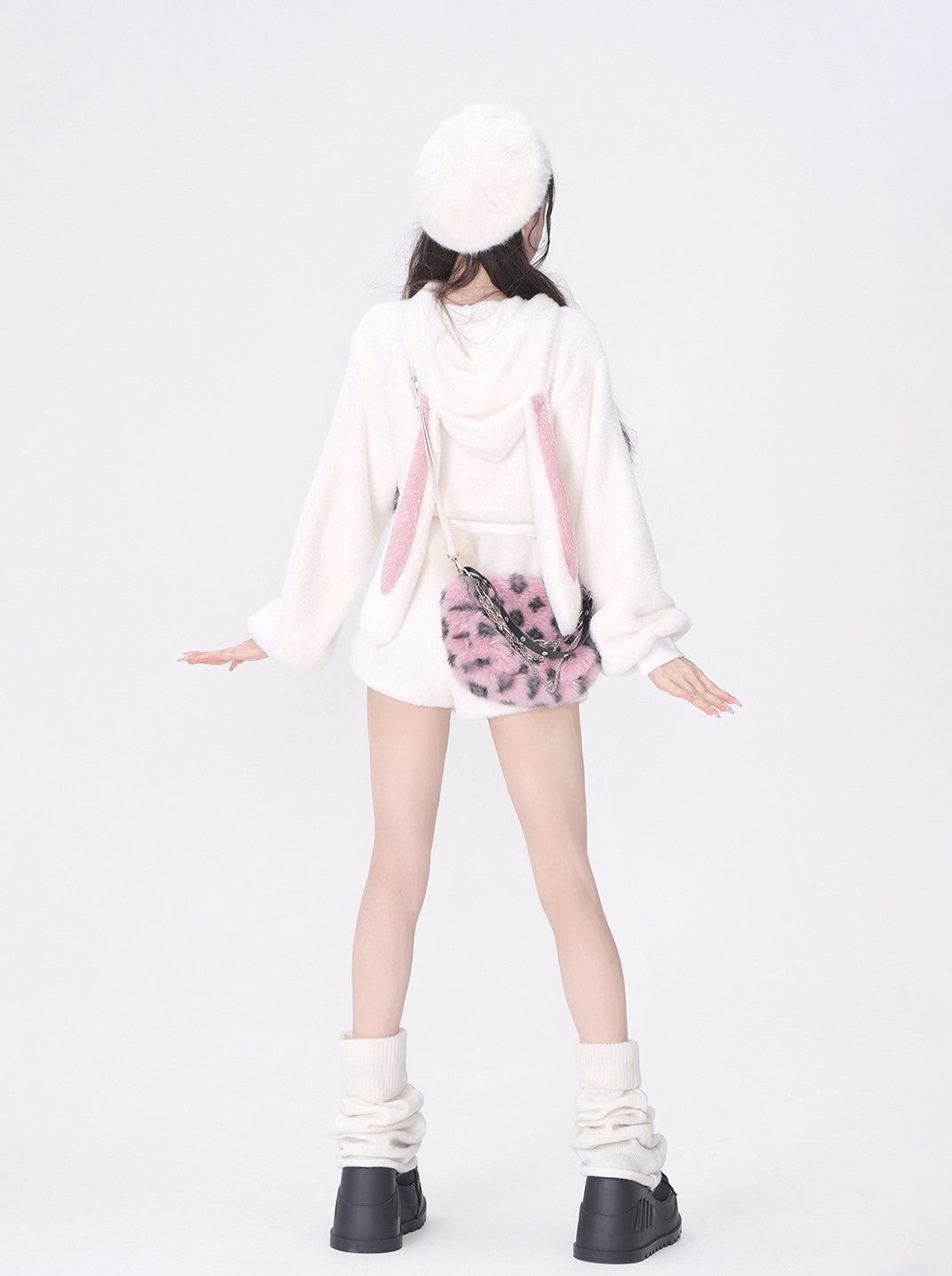 Young Eyes Sweet Bow Bunny Rabbit Hoodie Plush Shorts Two Piece Set