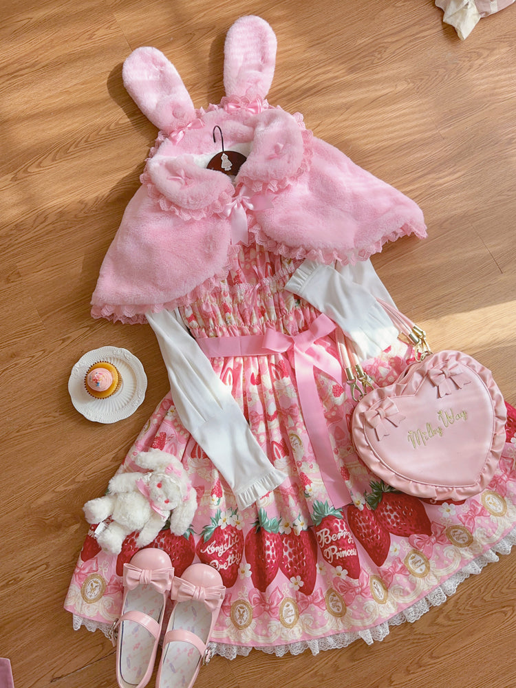 Lolita Cute Little Rabbit Ears Pink & White Winter Cape