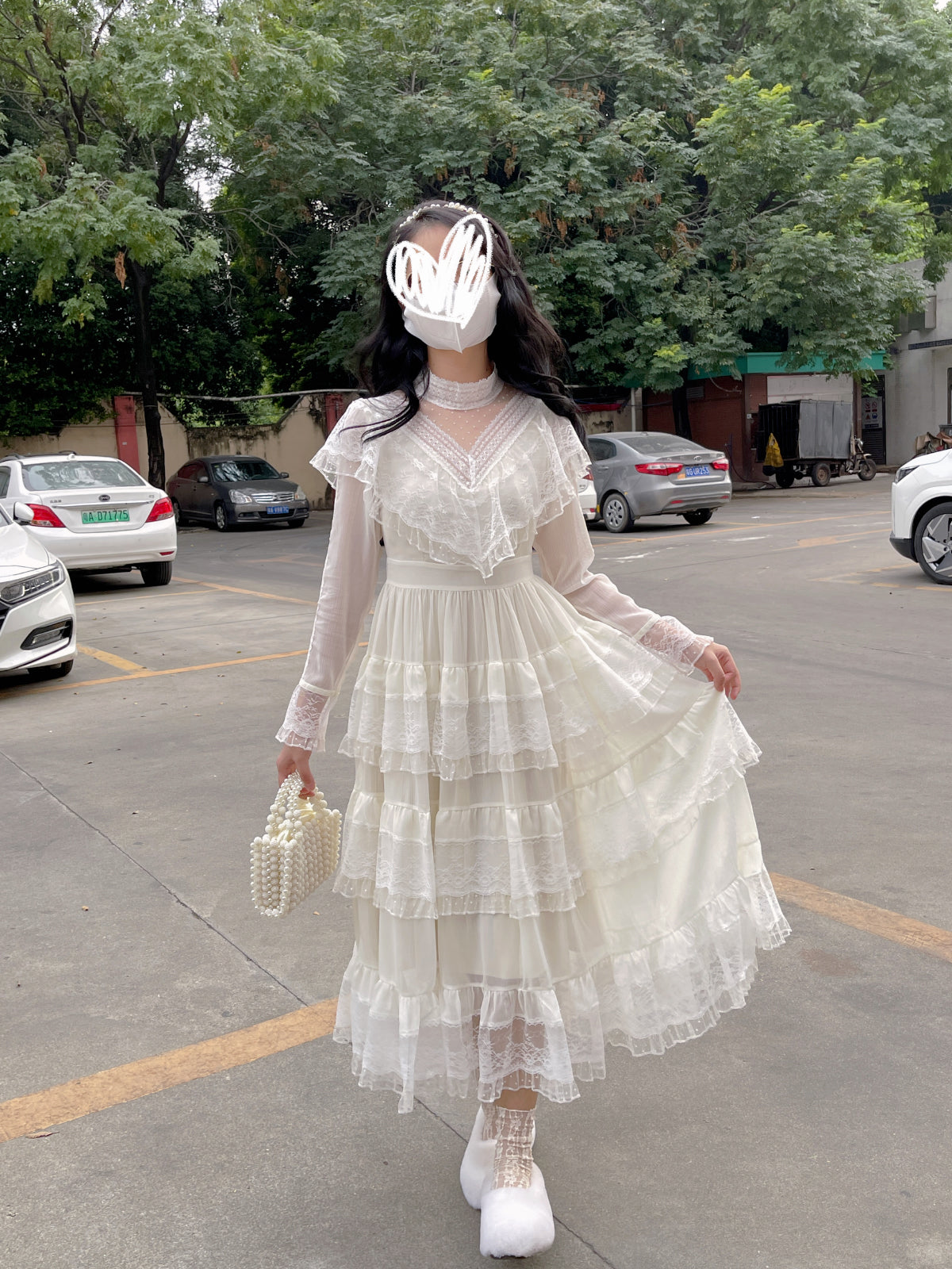 Ruellia Fall Fairy White Lace Mesh Long Sleeve Ruffled Layared Cake Dress