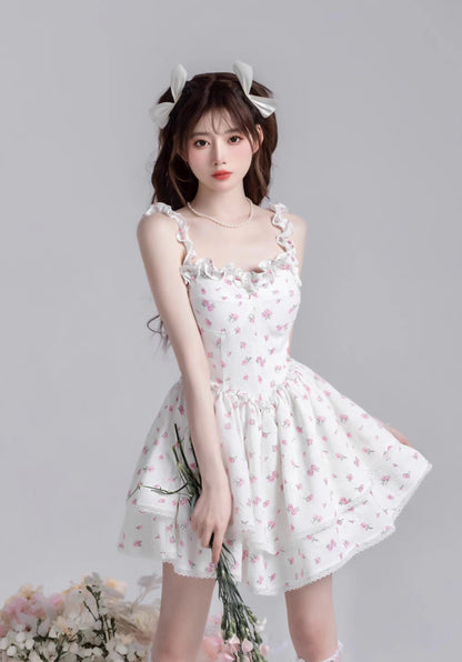 Monet Rose Fairy Floral White Strap Dress