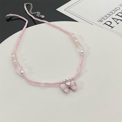 Lovely Y2K Coquette Beaded Cute Bow Love Pink Necklace