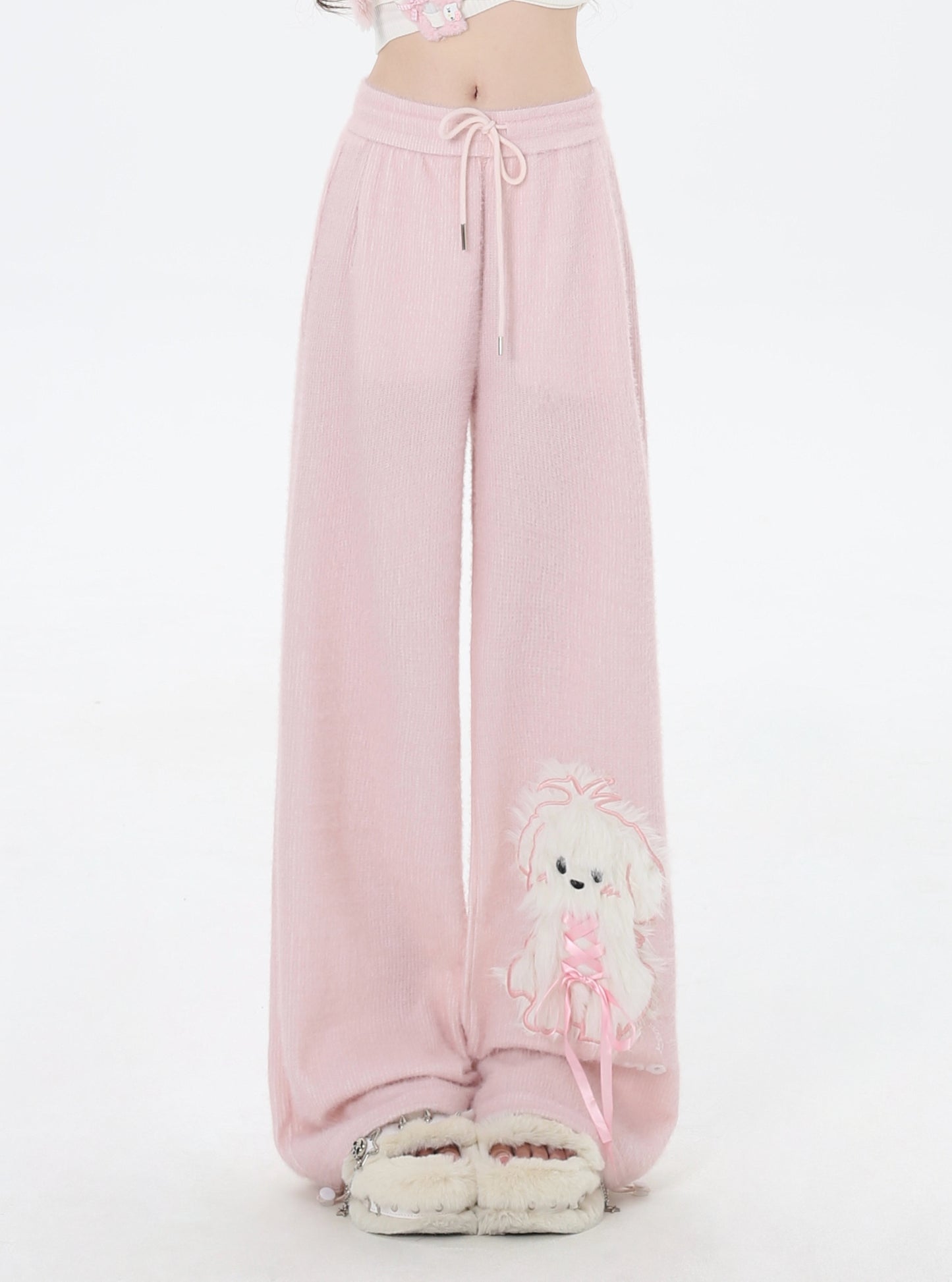 Crazy Girl White Puppy Dog Pink Elastic Waist Sweatpants