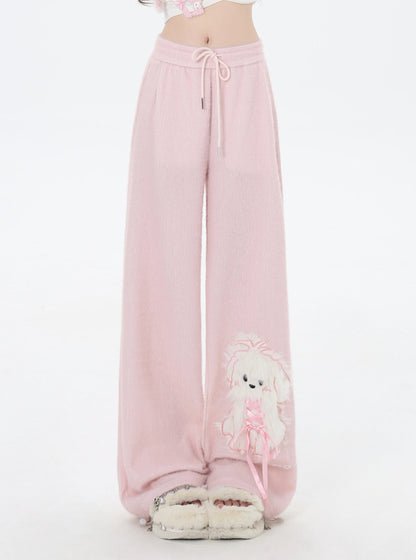 Crazy Girl White Puppy Dog Pink Elastic Waist Sweatpants