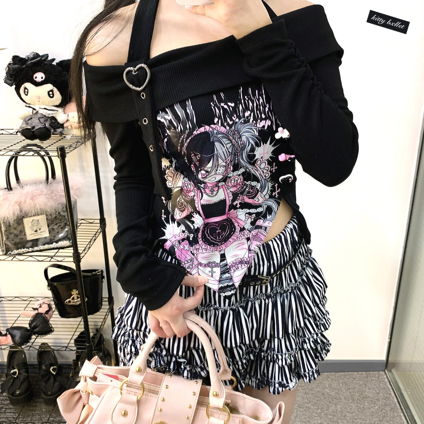 Kitten Bullet Anime Graphic Black & White Knit Halter Neck Sweater Shirt Top