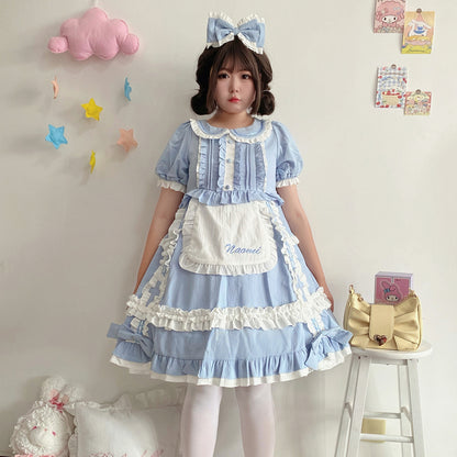 Plus Size Women Soft Girl Lolita Nurse Pink Blue Purple Black Puff Sleeve Dress