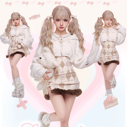 Serendipity Autumn Brown Argyle Long Sleeve Dress & White Rabbit Ears Hooded Jacket Two Piece Set