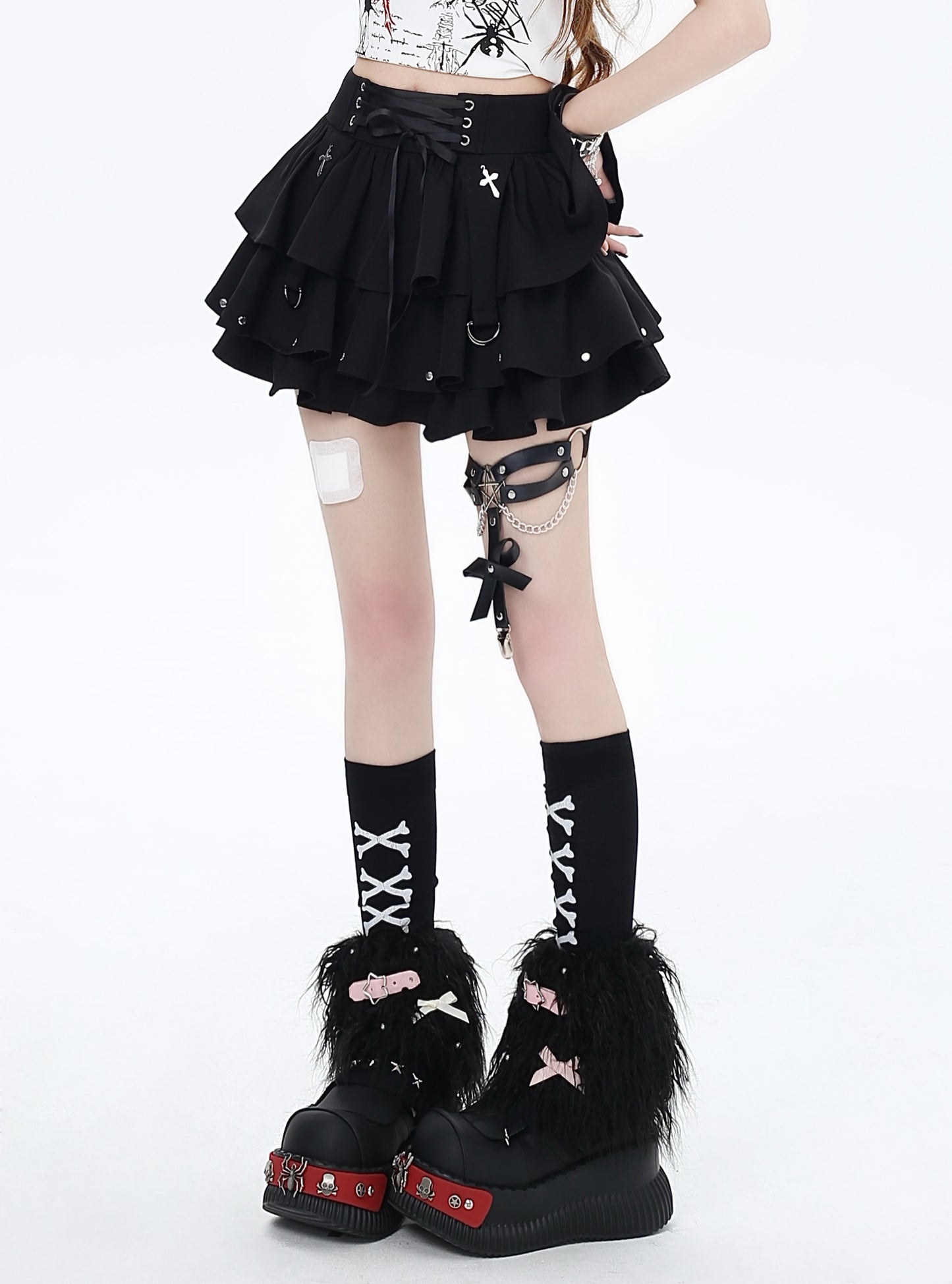 Crazy Girl Punk Aesthetics Cross Black Ruffle Skirt