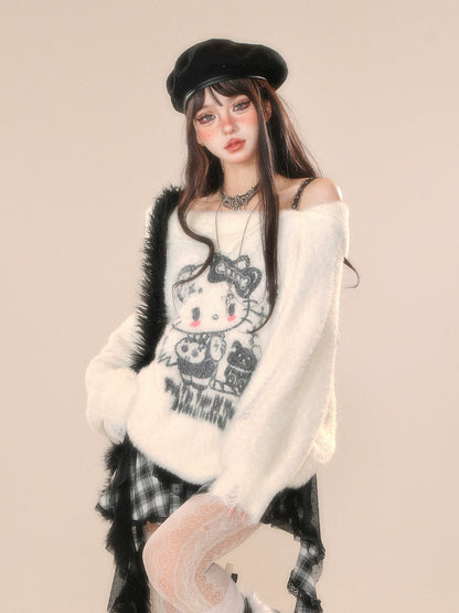 Young Eyes Cupid Kitty White Pink Off Shoulder Fuzzy Sweater