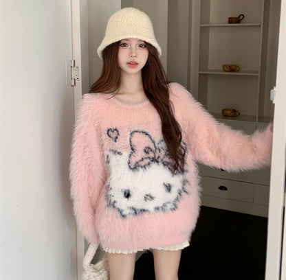 Kitty Cartoon Faux Fluffy Autumn Winter Black Pink Pullover Sweater