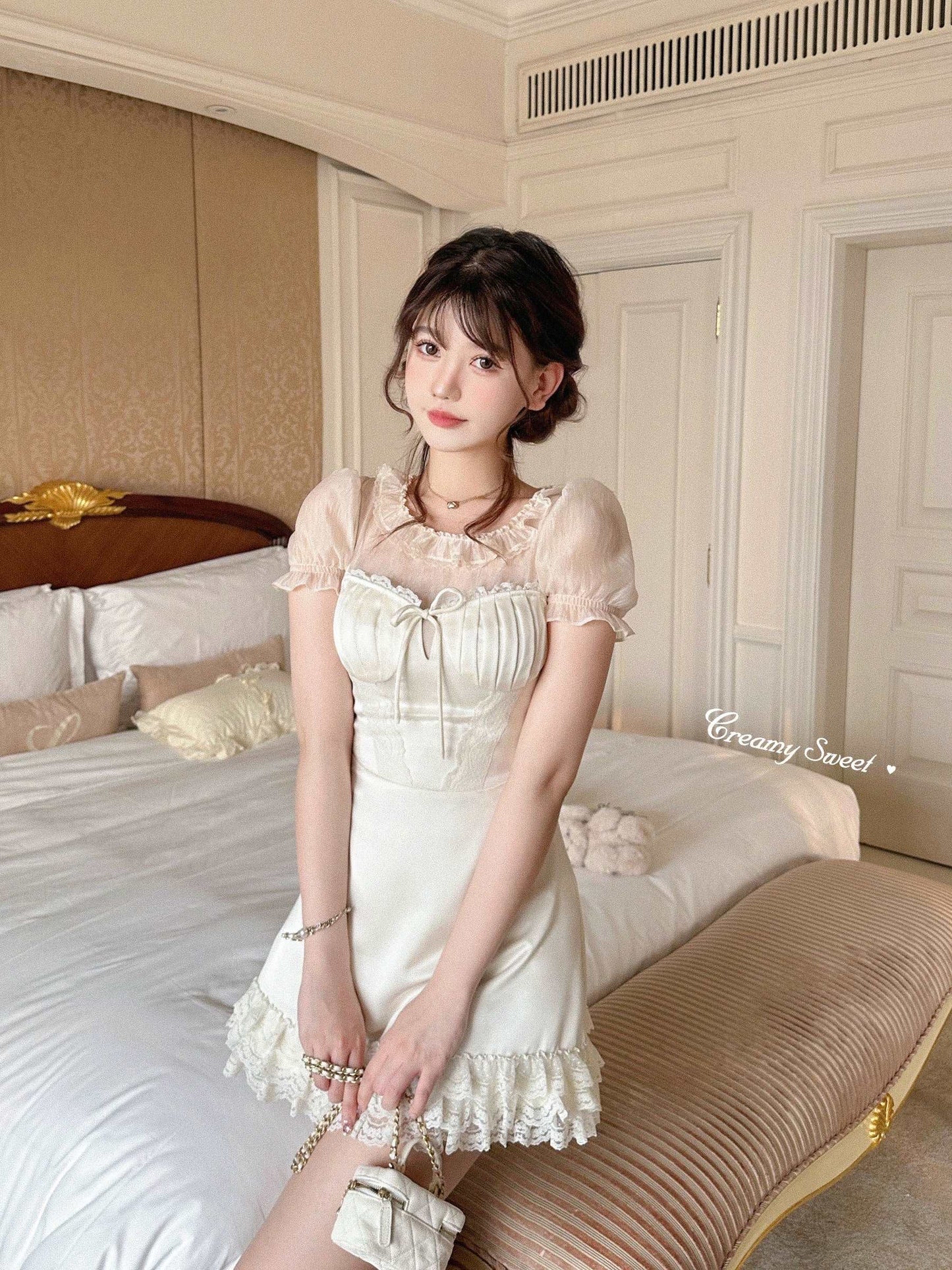 Creamy Sweet Sweet White Lace Strap Dress & Undershirt Blouse Top Two Piece Set