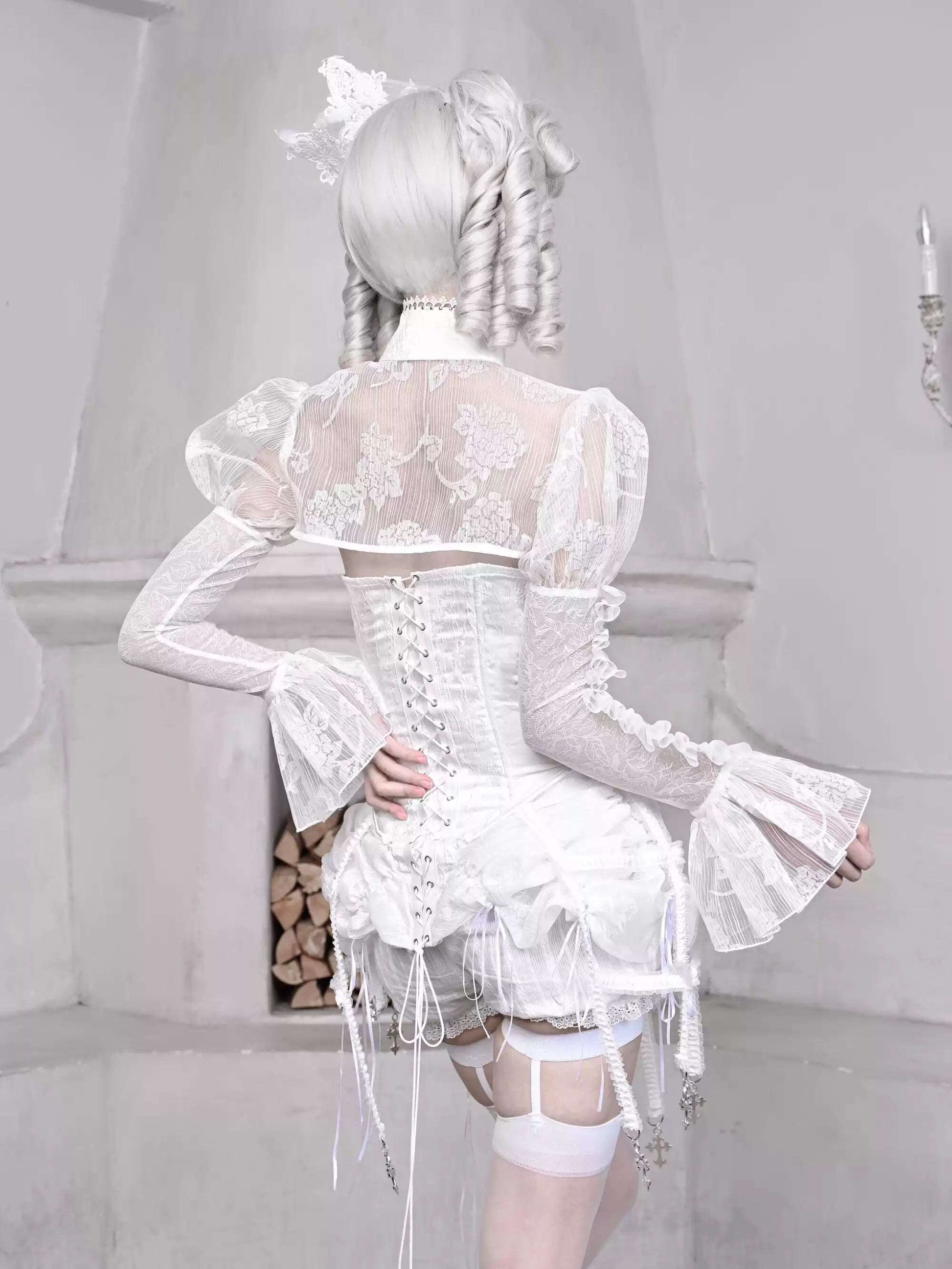 Blood Supply The White Doll Goth Princess Silver Cross Fishbone Birdcage Corset Four Piece Set