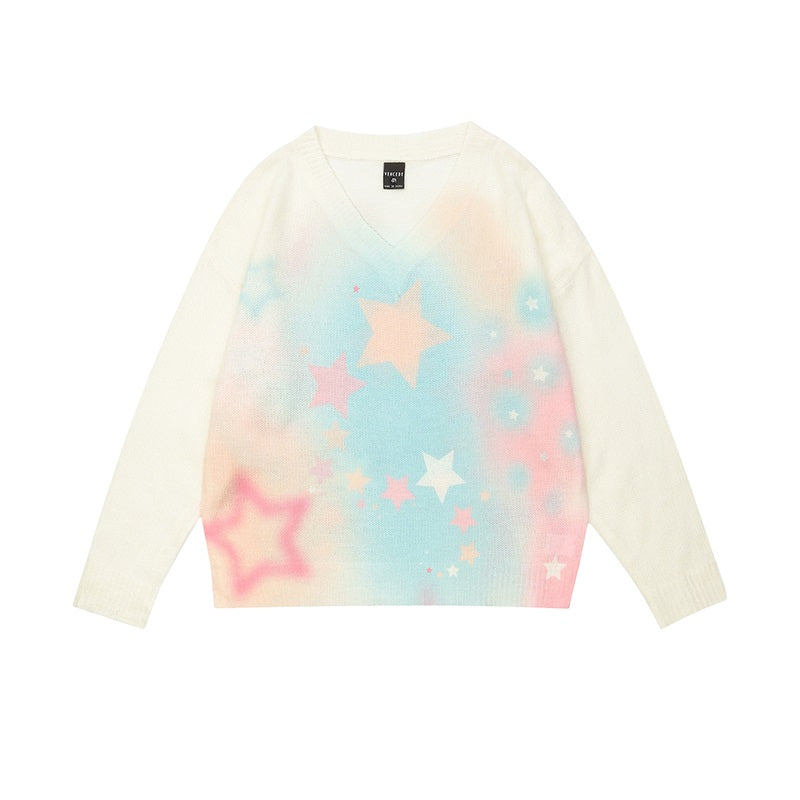 Serendipity Gradient Star Blue & White Y2K Knit Oversize Sweater