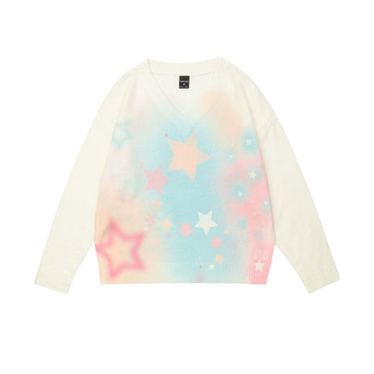 Serendipity Gradient Star Blue & White Y2K Knit Oversize Sweater