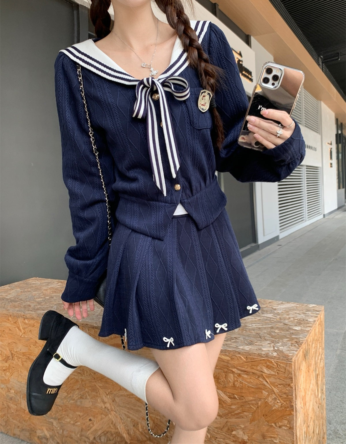 Creamy Sweet Manhwa Navy Blue Sailor Collar Sweater & Skirt Two Piece Set