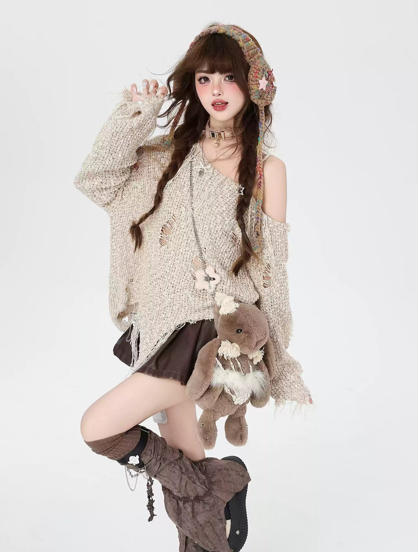 Crazy Girl Early Autumn Brown Cream Ripped Knit Sweater Top