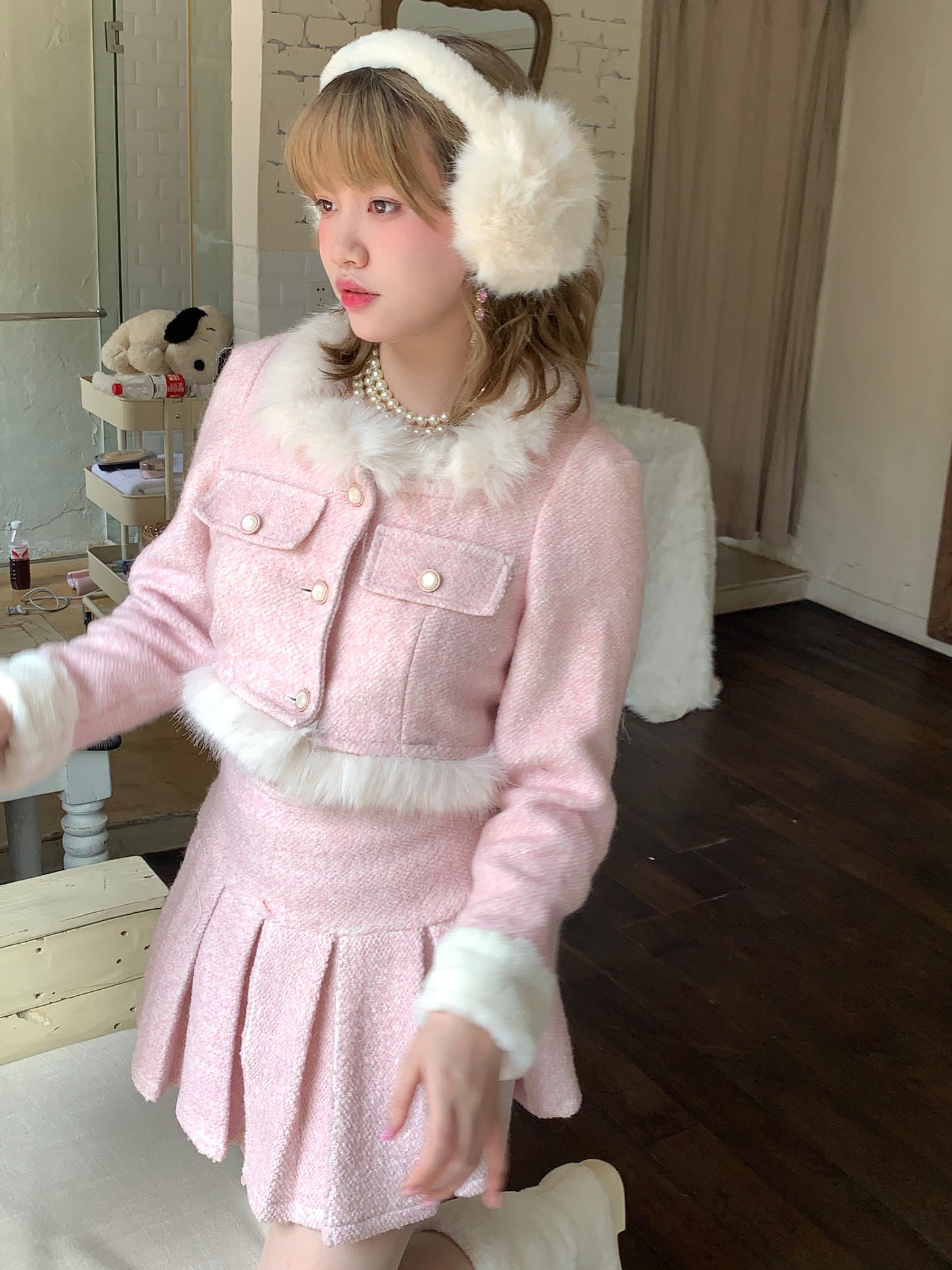 Picnic Girl Regal Peach Pink Fur Collar Coat Jacket Skirt Two Piece Set