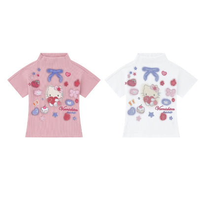 Young Eyes Doll White Pink Knit Kitty Short Sleeve T-shirt Top