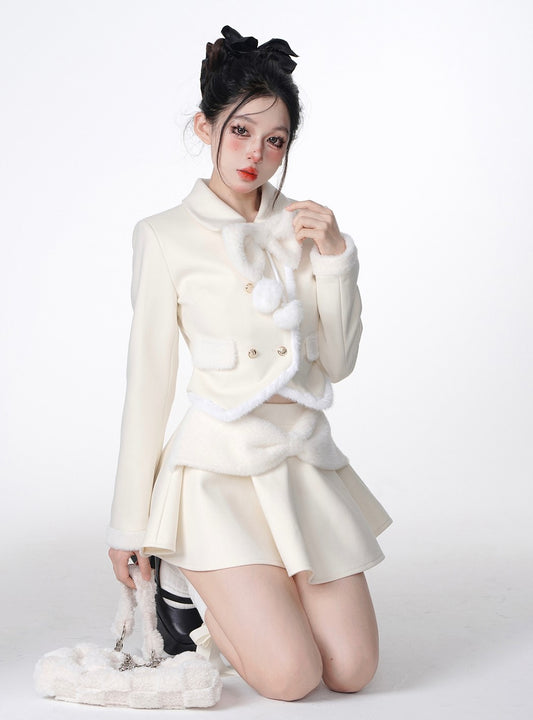 Young Eyes Snow Princess Beige Bow Jacket & Skirt Two Piece Set