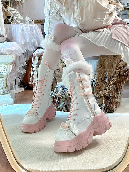 Pinky Princess Pink Bow Lace Coquette Winter White High Boots Shoes