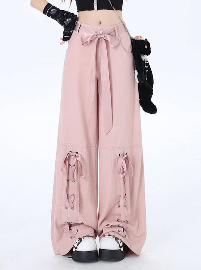 Crazy Girl Pink Mist Balletcore Bow Pink Wide Leg Jeans Pants