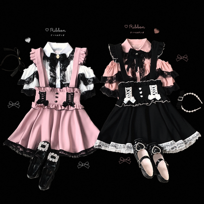 Kitten Bullet Jirai Kei Doll Mode Lace Pink Black Blue Suspender Skirt