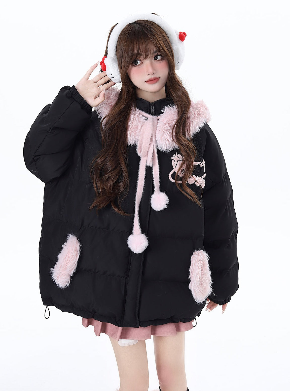 Crazy Girl Pink Black Winter Rabbit Ears Hooded Plush Puffer Jacket