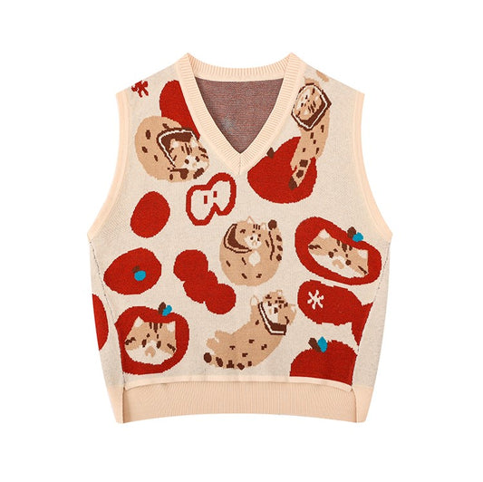 Cute Sailor Cat Apple Knit V Neck Cream Vest