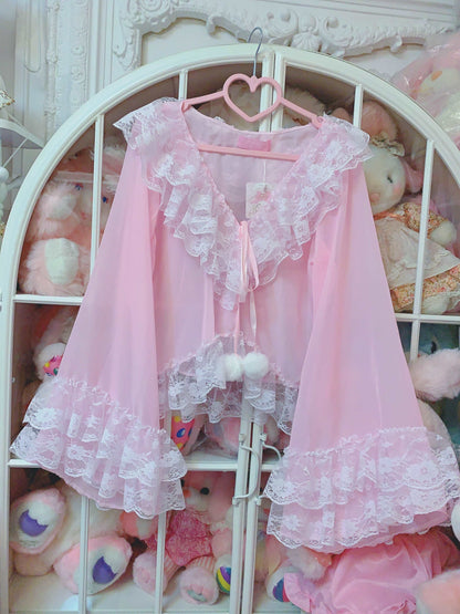 Candy Fairy Sheer See Through Pink Ruffled Trumpet Sleeve Cardigan