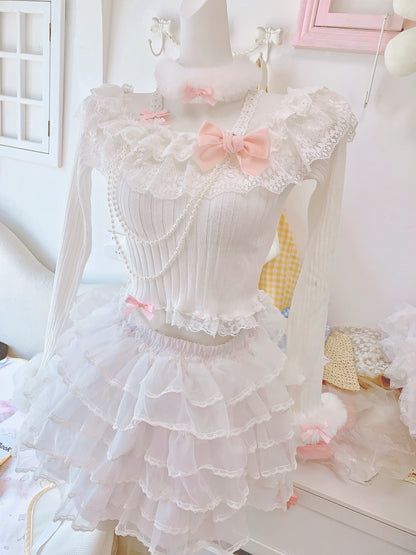 Candy Fairy Pearl Lace White Knit Sweater