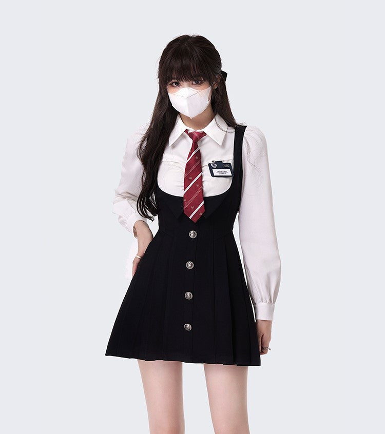 Monet Campus Heroine Dark Academia Fall Navy Blue Fake Two Piece Suspender Dress