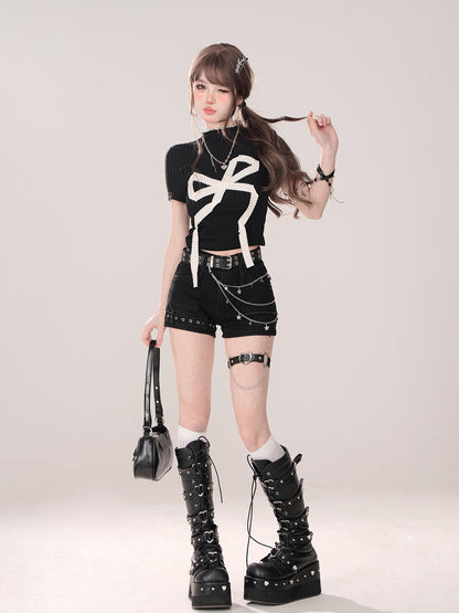 Young Eyes Coquette Bow White Black Turtleneck Short Sleeve Shirt Top