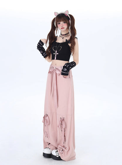 Crazy Girl Pink Mist Balletcore Bow Pink Wide Leg Jeans Pants