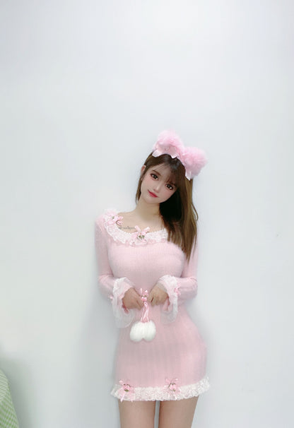 Sweetheart Princess Rose Lace Pink Knit Sweater & Mini Skirt Two Piece Set