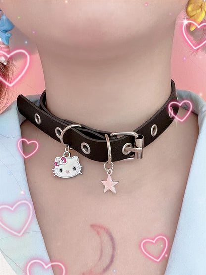 Harajuku Y2K Kitty Star Leather Collar Choker