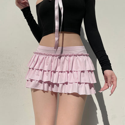 Soft Girl Coquette Pastel Pink Lace Ruffled Bow Short Skirt