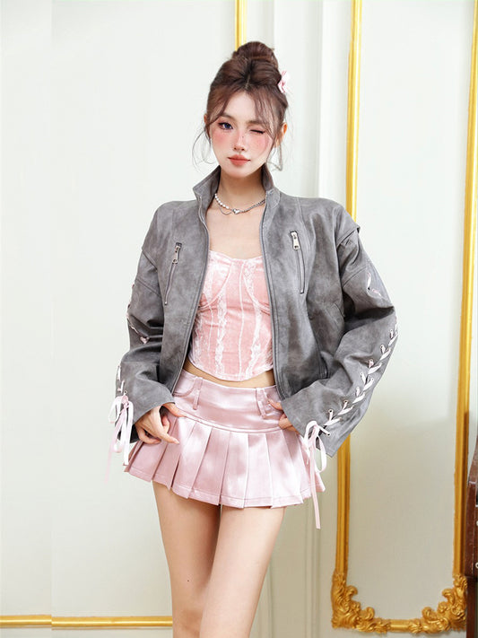 Monet Coquette Bow Gray Leather Jacket & Sexy Pink Strapless Bandeau Tube Top & Pleated Skirt Three Piece Set