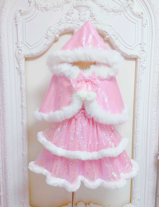 Candy Fairy Winter Princess Pink & White Ruffled Strap Dress & Hooded Cape Cloak Two Piece Set