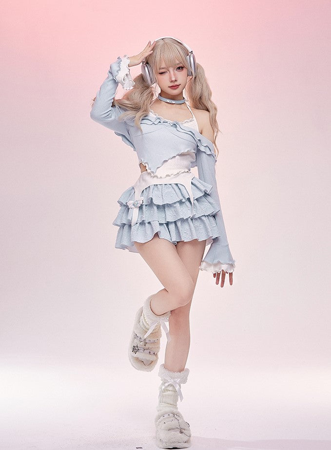 Serendipity Sea Salt Ruffled Pastel Blue Shirt Top & Skirt Two Piece Set