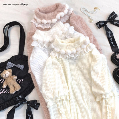 Dormir Doll Winter Puff Fur Ball High Collar Cute Knit Sweater Top